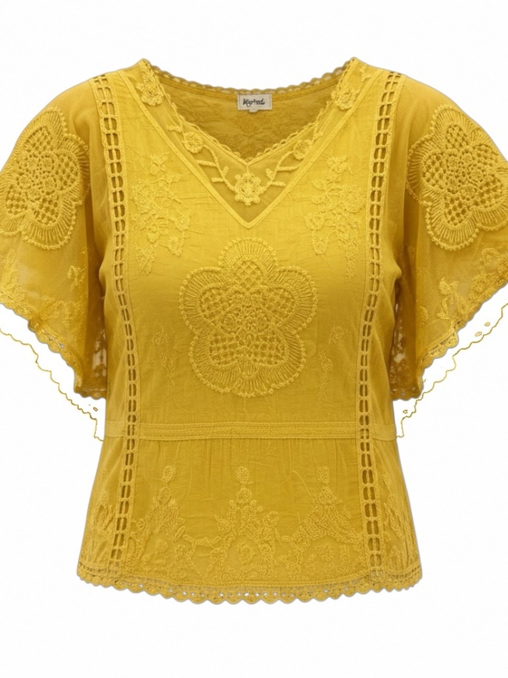 Kiyonna Golden Yellow Lace-Embroidered V-Neck Blouse
